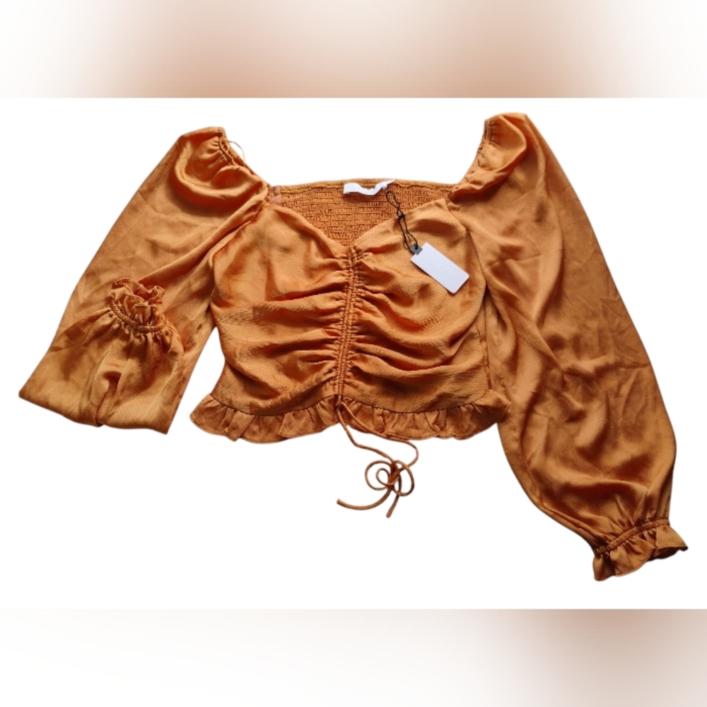 ASTR The Label Cropped Top Sheer Sz L Apricot Ruched Ties Long Sleeve NWT